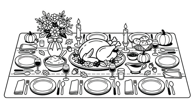 Roasted Turkey on Dining Table Setting.