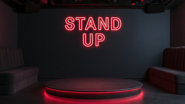 Bright red neon sign spelling Stand Up mounted on  wall above  small circular stage in  comedy club