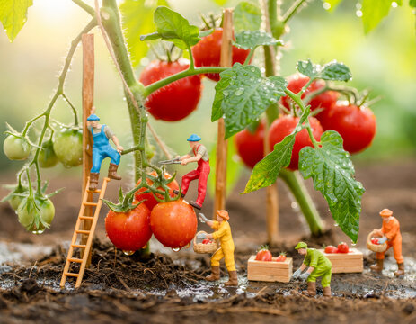  Peque&ntilde;os trabajadores agr&iacute;colas recolectan tomates maduros colgando de las plantas. Escaleras, cajas y herramientas crean una escena creativa de cultivo sostenible y producci&oacute;n de alimentos frescos e