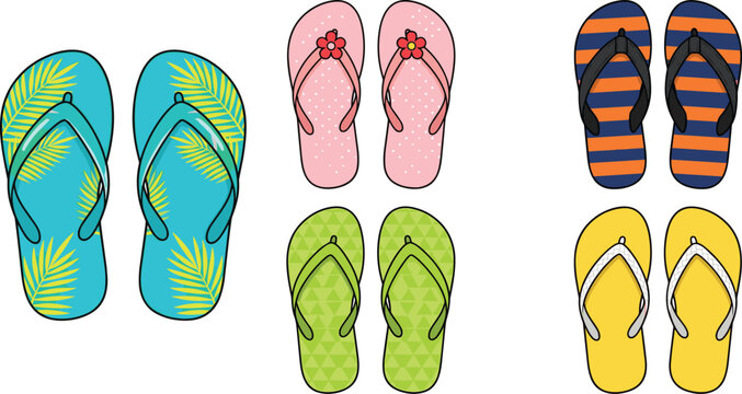 Flip flops vector footwear set featuring diverse summer beach slippers with tropical palm leaf prints pink flower straps striped patterns and colorful geometric shapes.