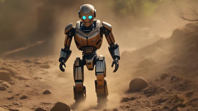 A futuristic humanoid robot with glowing blue eyes walks through a dusty, arid landscape.