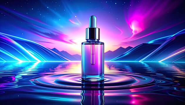 A glass dropper bottle in water with colorful neon lights