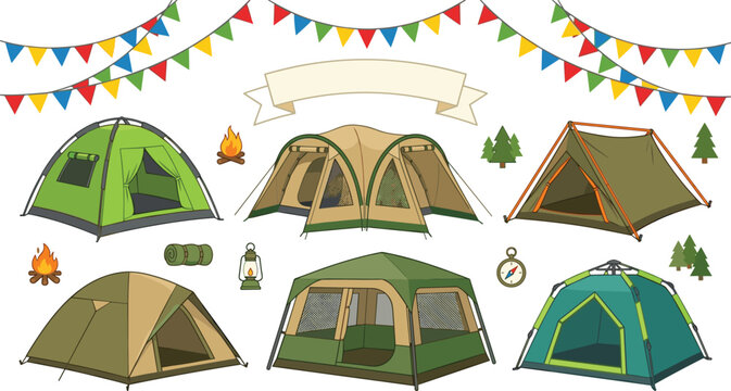 Camping tent vector collection set featuring diverse outdoor shelter models with bunting flags bonfire lantern compass and trees isolated on white background