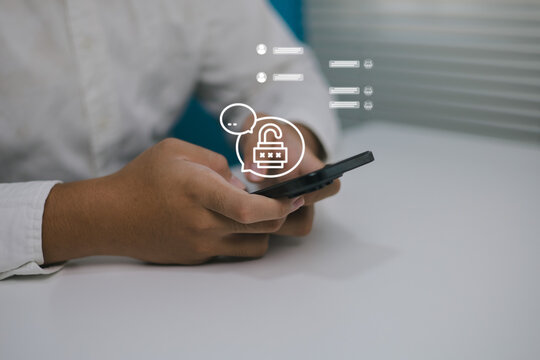 Man holding using mobile messaging security encrypted chatting communication, data privacy protection, secure authentication, cyber security, user verification, confidential digital communication