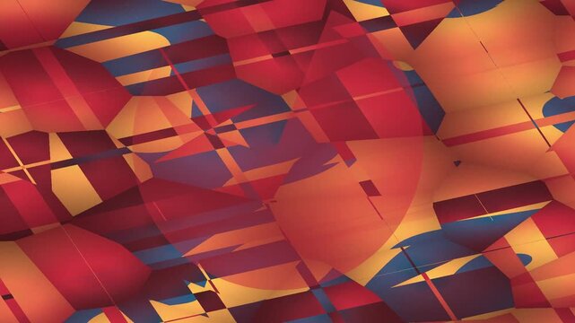 Abstract geometric shapes with overlapping planes in warm red orange and cool blue tones