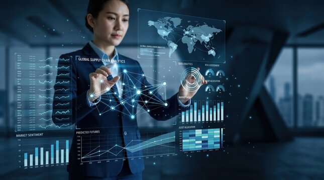 Businesswoman interacting with global supply chain analytics holographic display showing network connections market sentiment bar charts and predicted futures graph in office.