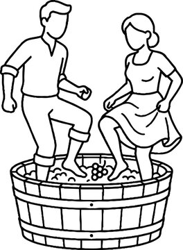 Couple stomping grapes in a wooden barrel together.