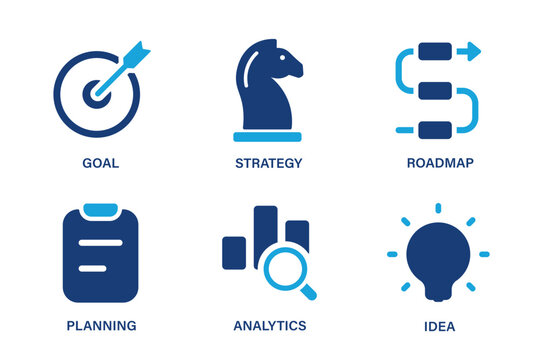 Strategy theme icons such as planning, roadmap, goal, analytics, idea. Solid vector icon set.