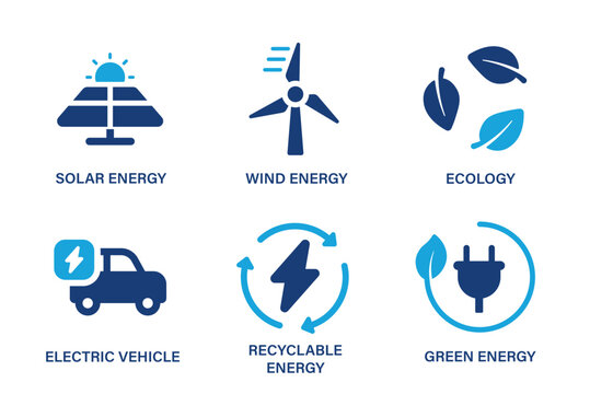 Green energy theme icons such as solar energy, wind energy, ecology, electric vehicle, recyclable energy. Solid vector icon set.