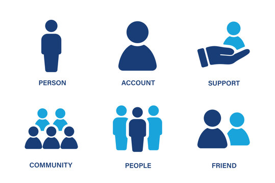 People theme icons such as person, account, support, community, friend. Solid vector icon set.