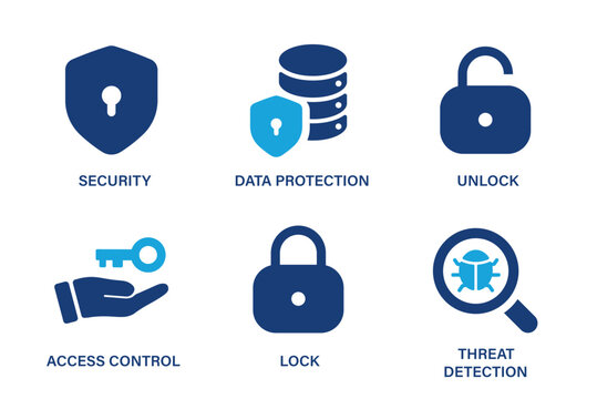 Cybersecurity theme icons such as security, data protection, lock, unlock, access control, threat detection. Solid vector icon set.