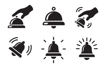 Fototapeta premium Set of service bell icons, hand ringing bell, alert with sound and shining effect on transparent background.