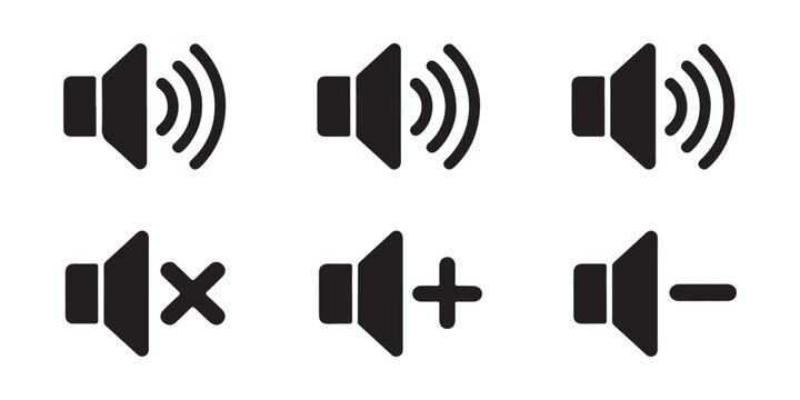 Set of black volume speaker icons with mute plus and minus signs for digital application control tools.
