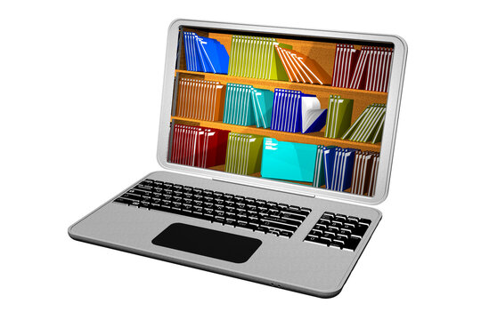 PNG. Trasparente. Computer con cartelle, raccoglitori, colorate per l'archiviazione di documenti. Database.