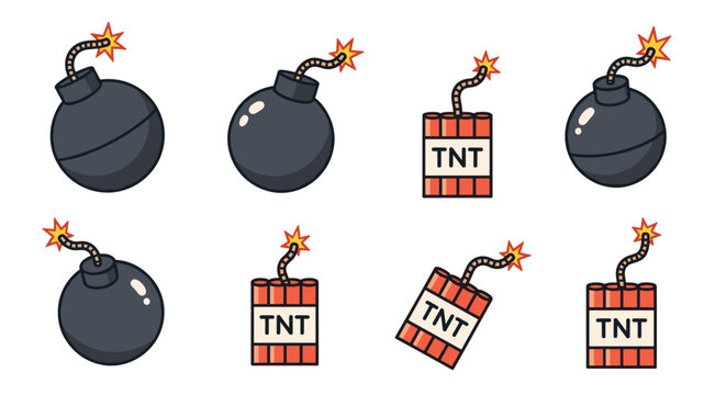 Cartoon illustration of round black bombs and red TNT dynamite sticks with lit fuses for comic or game design elements.