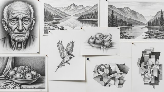 Wall of pencil sketches portrait, nature, still life, bird, geometric