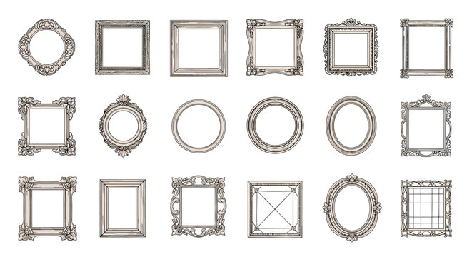 Collection of ornate vintage picture frames and decorative borders in various shapes like square oval and round for gallery art.