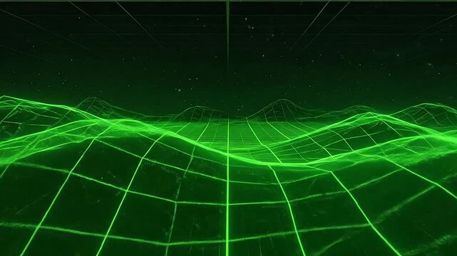 A glowing green digital landscape with a wireframe grid surface
