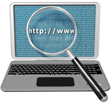 PNG. Trasparente. Computer portatile, laptop grigio con lente di ingrandimento per la ricerca di file o siti web. Concetto e simbolo di ricerca.