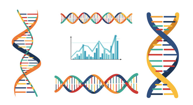 Scientific illustration of DNA double helix structures and a data chart for genetic research and biotechnology concepts.