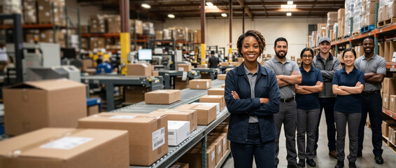 Obraz premium Diverse e-commerce fulfillment team standing in modern warehouse, led by confident female operations manager, surrounded by logistics staff, inventory coordinators, and shipping infrastructure.