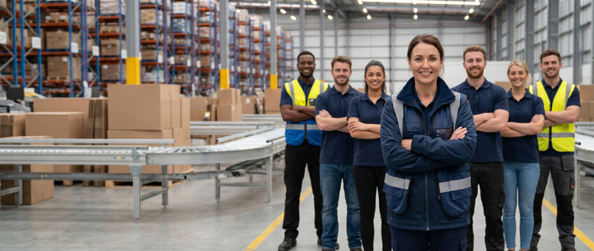 Diverse e-commerce fulfillment team standing in modern warehouse, led by confident female operations manager, surrounded by logistics staff, inventory coordinators, and shipping infrastructure.