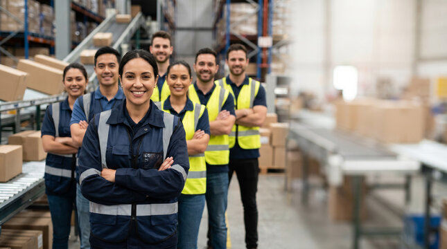 Diverse e-commerce fulfillment team standing in modern warehouse, led by confident female operations manager, surrounded by logistics staff, inventory coordinators, and shipping infrastructure.