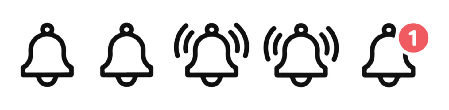 Notification bell icon set for mobile application web interface alert message notification designs.