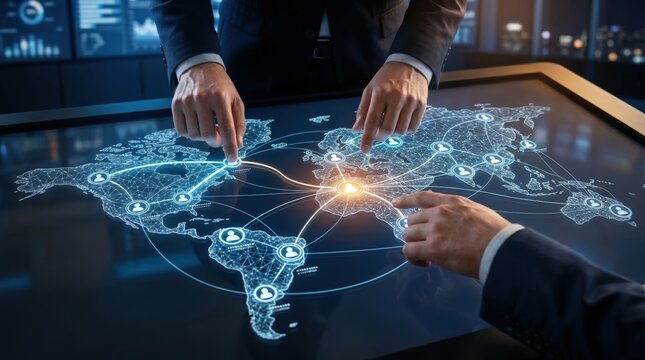 Business team collaborating on global network map touchscreen