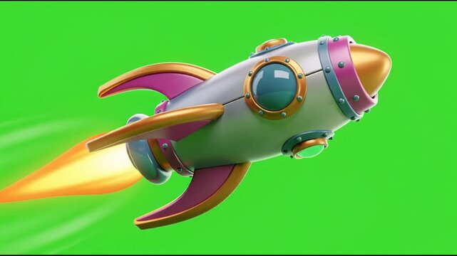 3d animated cartoon rocket ship flying on a green screen