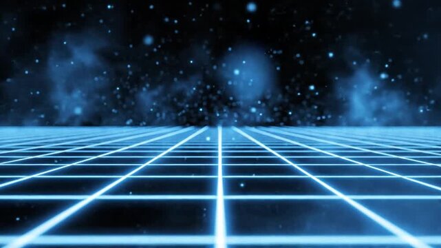 Futuristic blue light grid receding into starry space.