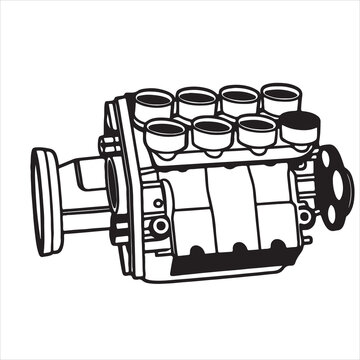 Inline Six Engine Assembly Vector Line Art Illustration