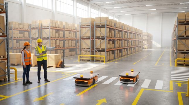 Warehouse Safety Crossing With Staff And Autonomous Robots In Motion