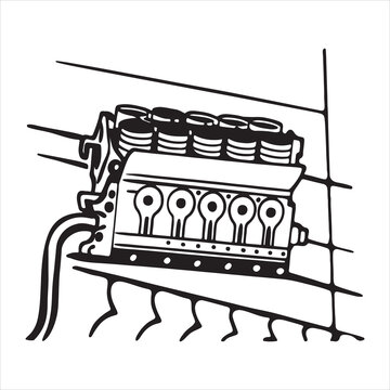 Inline Six Engine Vector Technical Illustration