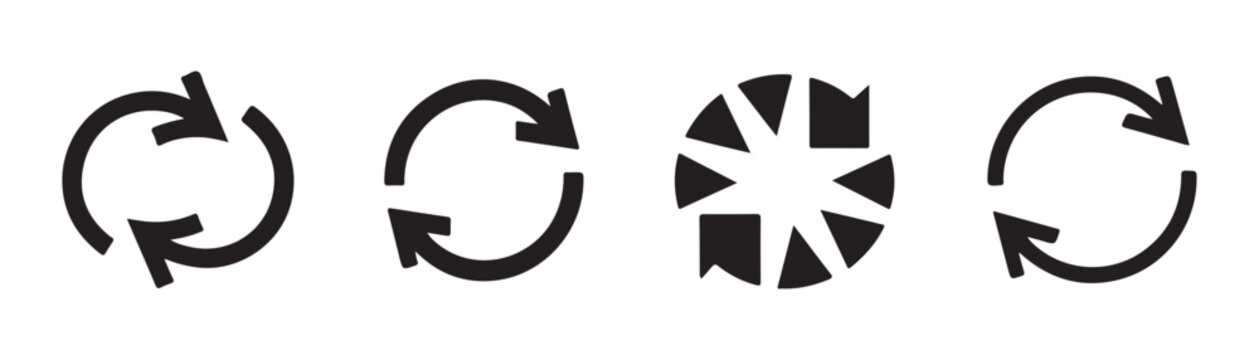Collection of cycle reload arrow icons for website refresh buttons interface design in black graphic.