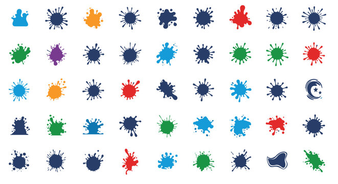 Extensive grid of vibrant paint splashes and splatters in various colors and shapes offers a variety of creative elements for artistic designs.