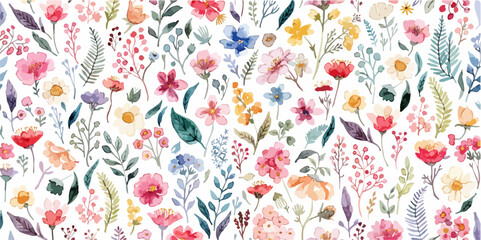 Naklejka premium floral watercolor background featuring vibrant petals and lush botanical foliage details everywhere
