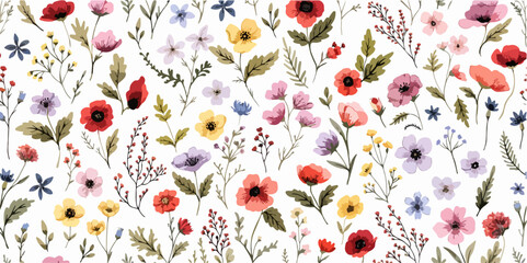 Botanical motifs painted in watercolor creating a fresh floral decorative background design © Flowers