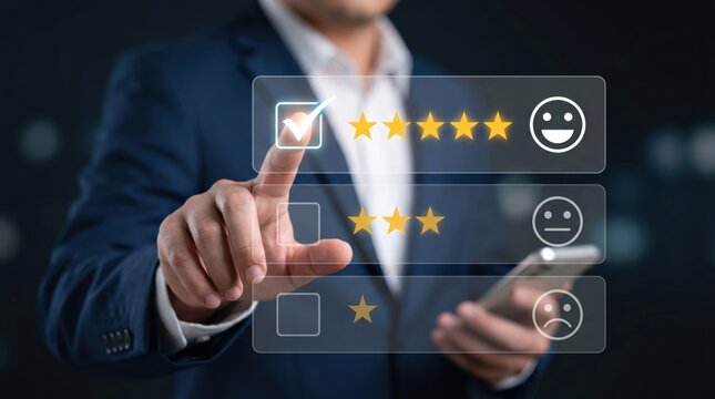 Customer satisfaction survey and feedback rating concept with businessman selecting five stars on transparent digital interface