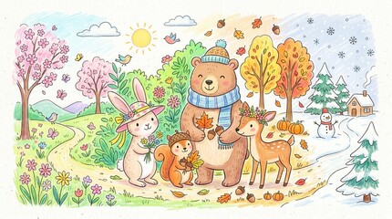 Fototapeta premium A cheerful bunny, bear, squirrel, and deer stand together across a landscape of all four seasons