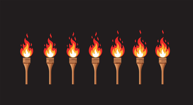 Sequence of pixel art torches with burning flames arranged horizontally against a dark background for game design.