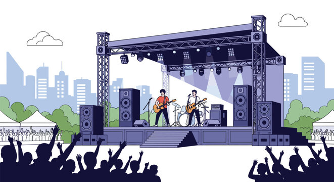 Rock band performing on a large outdoor stage with a city skyline background and a cheering crowd in silhouettes.
