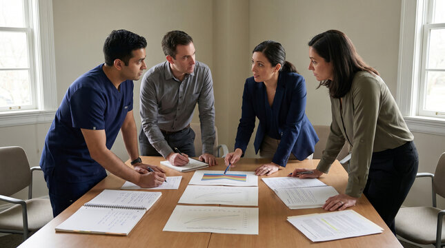 Epidemiologists Reviewing Printed Public Health Reports In Polic