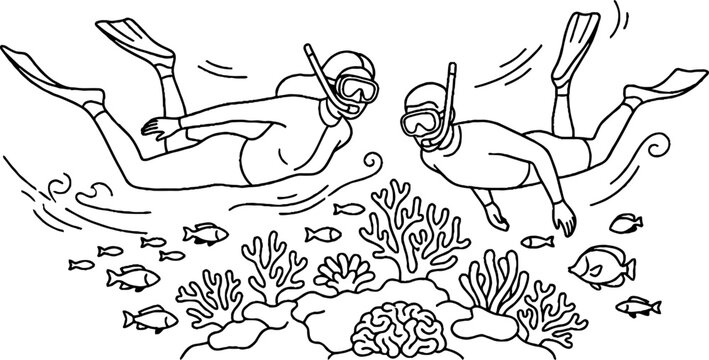 Two scuba divers exploring underwater coral reef with fish.