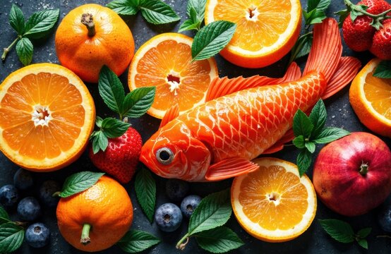 Goldfish nestled among sliced oranges, berries and mint leaves with giga theme