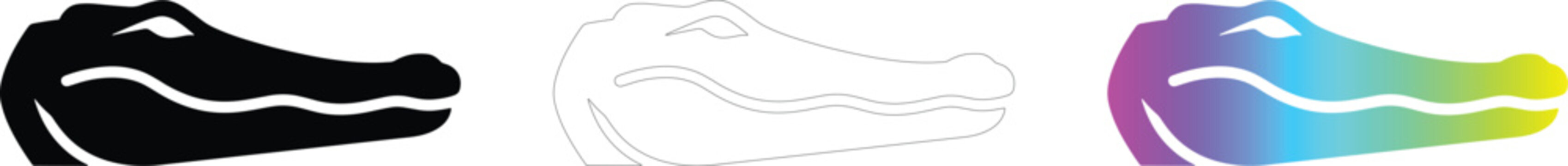 Set of three stylized alligator icons including silhouette, outline, and gradient designs