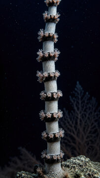 Bamboo coral vertical stalk with alternating dark nodes and white calcite segments ascending from base polyp cluster against deep dark ocean background