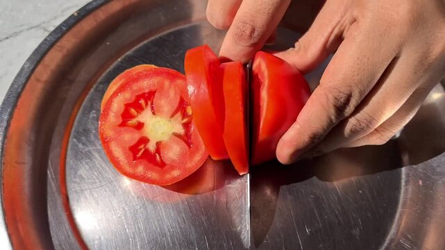 Close-up of hands slicing fresh red tomatoes on a steel plate in sunlight