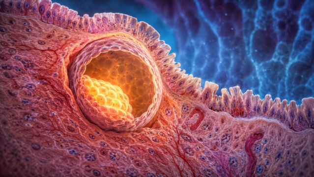 Blastocyst implantation into endometrium lining, glowing embryo surrounded by uterine tissue, warm amber and cool blue contrast, detailed cross section