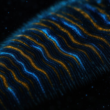 Macro flatworm surface texture iridescent blue gold pattern microscopic cilia movement underwater nature photography with dark water background and glowing particle detail